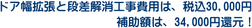 ドア幅拡張と段差解消工事費用は、税込30,000円 　　　　　　      　補助額は、34,000円還元！