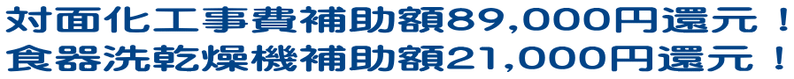 対面化工事費補助額89,000円還元！ 食器洗乾燥機補助額21,000円還元！