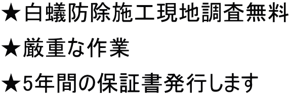 ★白蟻防除施工現地調査無料 ★厳重な作業 ★5年間の保証書発行します
